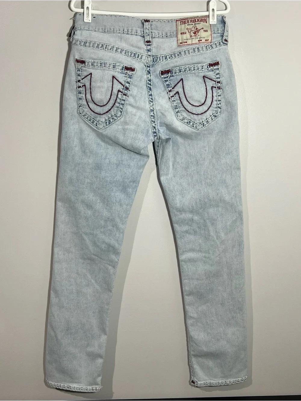 True Religion Ricky Relaxed Straight No Flap Light Blue Red Jeans Mens Size 30
